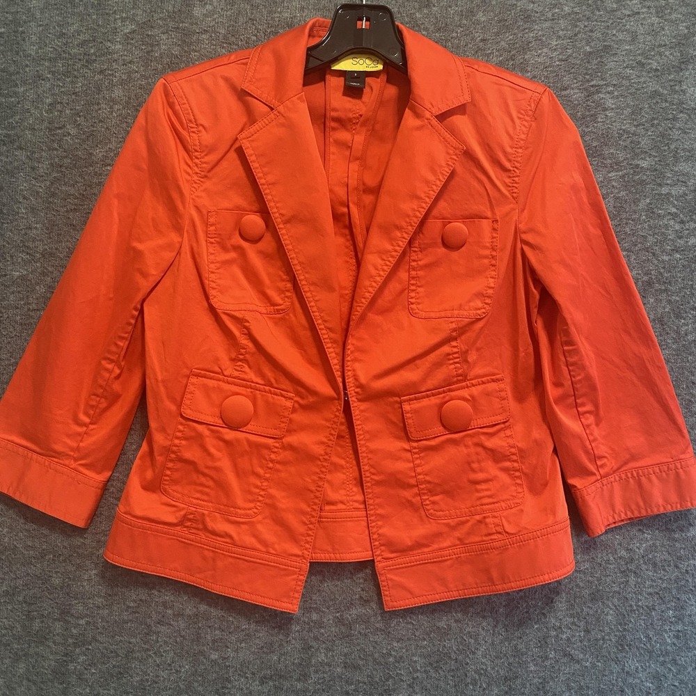 St John SoCa Blazer Women 2 Red Snap Pockets Cotton Stretch Jacket Office Career